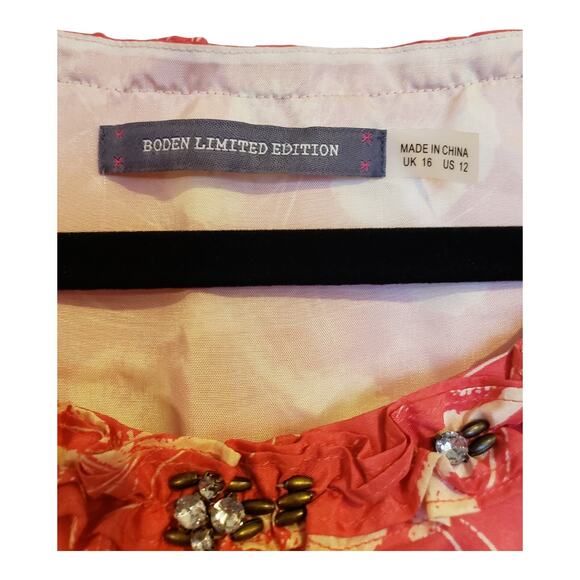 Boden Limited Edition Pink Silk Floral Rhinestone Ruffle Sheath Dress Womens 12 - Picture 6 of 15